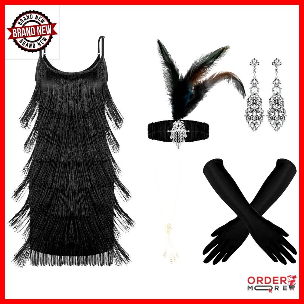 Flapper Costume Set with Dress, Headband, Gloves, Jewelry, Stick